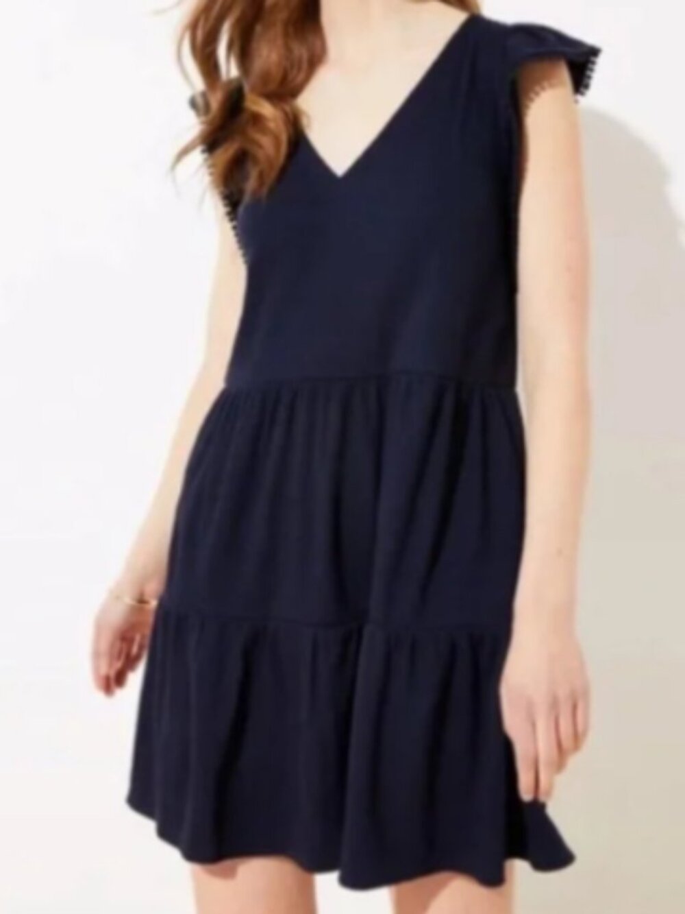 LOFT Navy V-Neck Tiered Dress (Petite)
